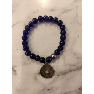Vintage Blue Beaded Bracelet With Asian Coin Charm